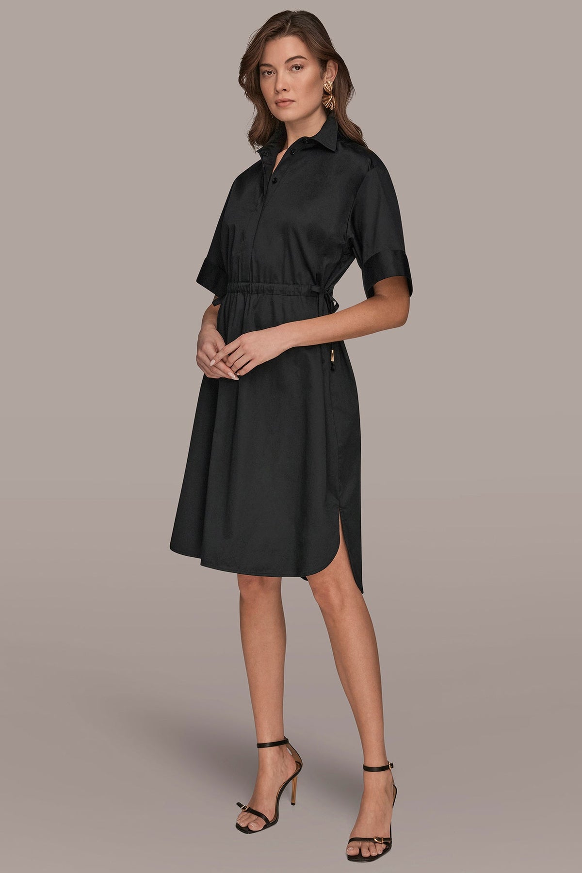 Donna Karan COTTON-SATEEN DRAWSTRING SHIRT DRESS