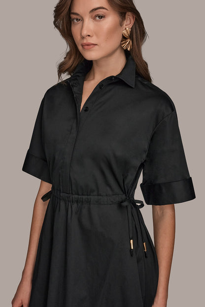 Donna Karan COTTON-SATEEN DRAWSTRING SHIRT DRESS