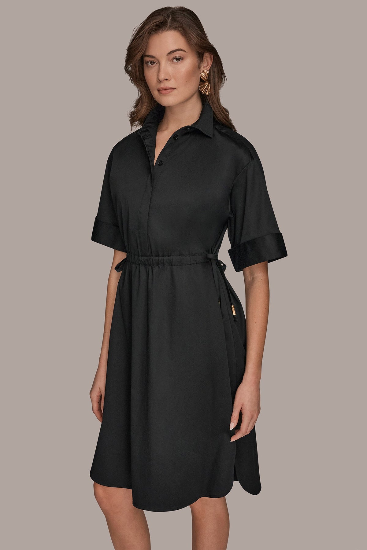Donna Karan COTTON-SATEEN DRAWSTRING SHIRT DRESS
