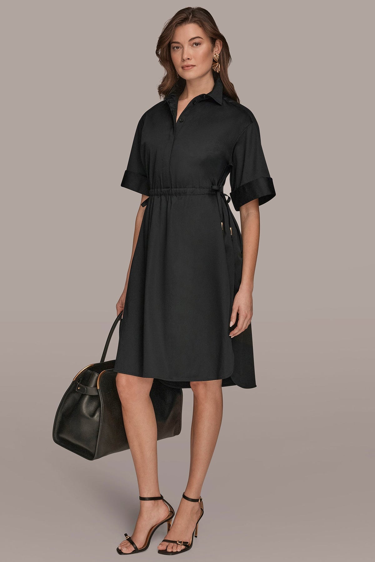 Donna Karan COTTON-SATEEN DRAWSTRING SHIRT DRESS