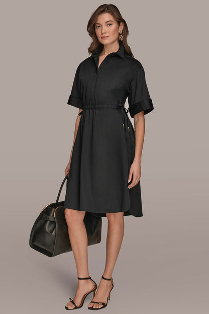 Donna Karan COTTON-SATEEN DRAWSTRING SHIRT DRESS