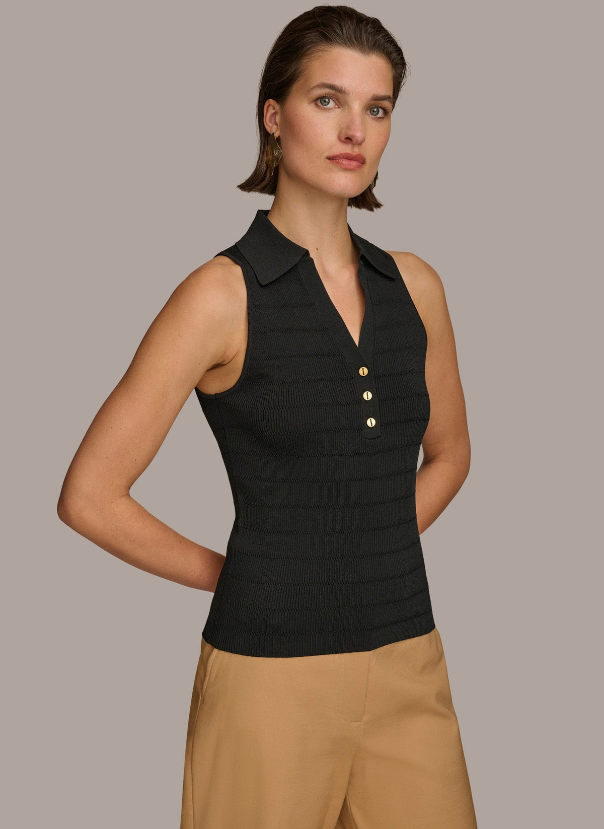 Donna Karan TEXTURE SWEATER WITH  GOLD BUTTONS