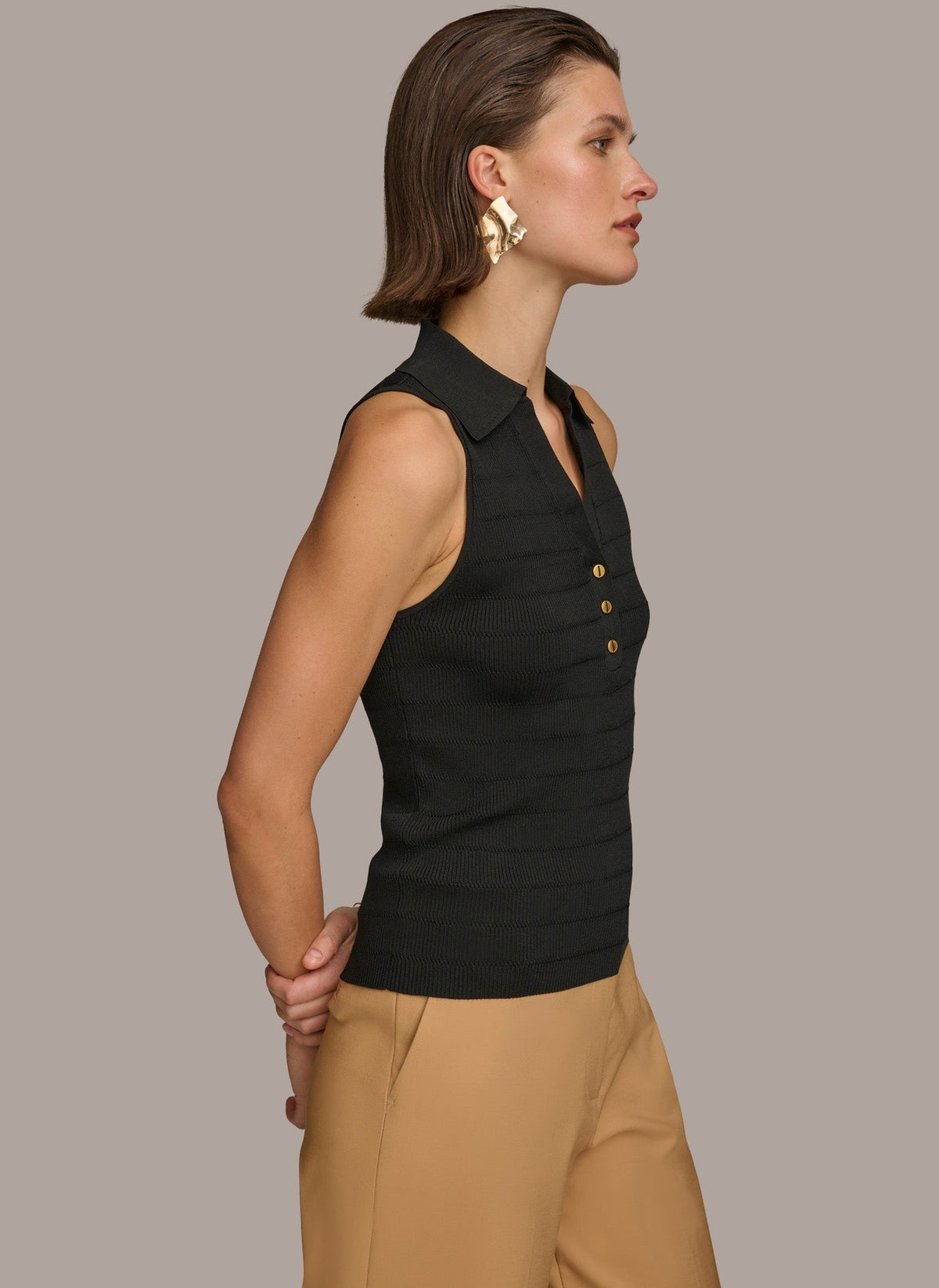 Donna Karan TEXTURE SWEATER WITH  GOLD BUTTONS