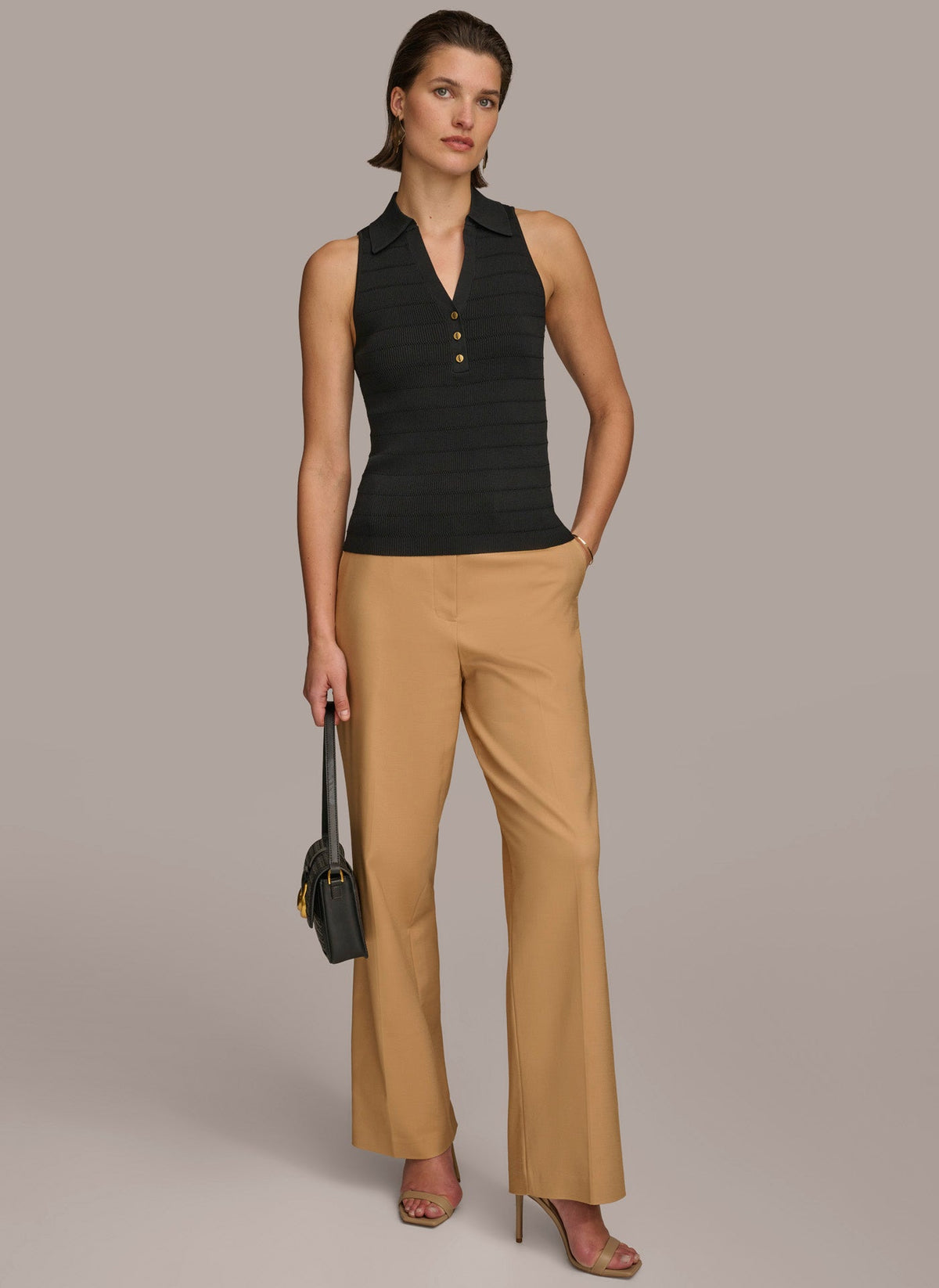 Donna Karan TEXTURE SWEATER WITH  GOLD BUTTONS