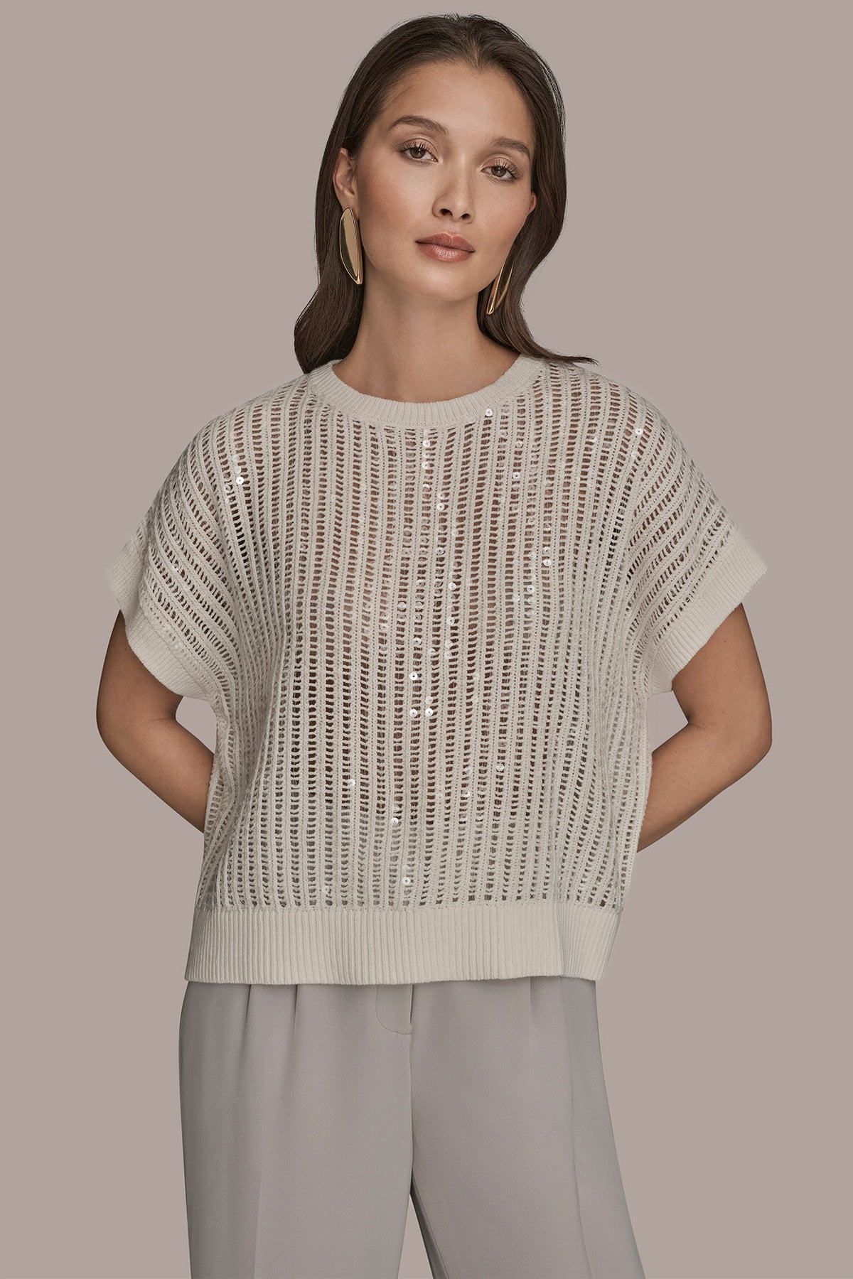 Donna Karan COTTON-BLEND SEQUIN OPEN-KNIT SWEATER