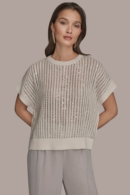 Donna Karan COTTON-BLEND SEQUIN OPEN-KNIT SWEATER