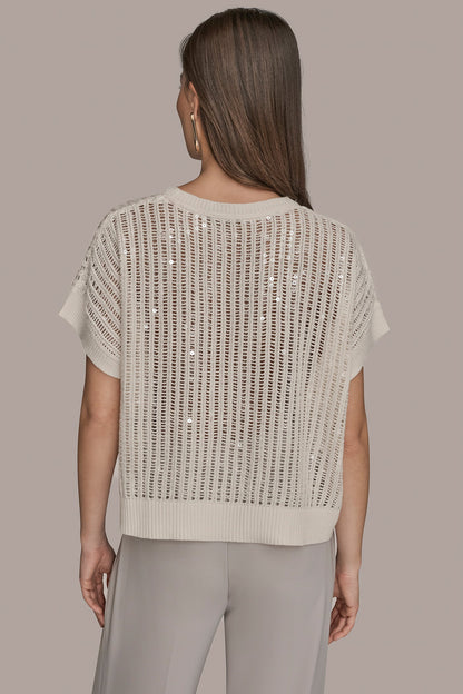 Donna Karan COTTON-BLEND SEQUIN OPEN-KNIT SWEATER