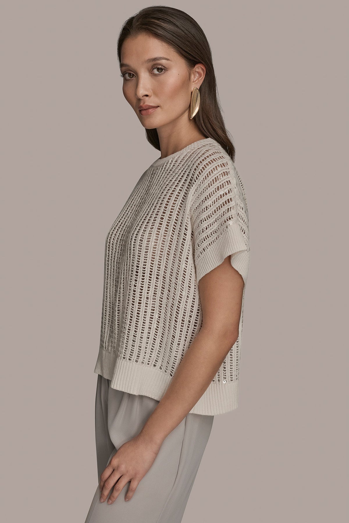 Donna Karan COTTON-BLEND SEQUIN OPEN-KNIT SWEATER