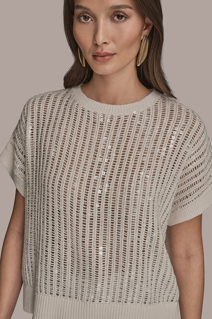 Donna Karan COTTON-BLEND SEQUIN OPEN-KNIT SWEATER