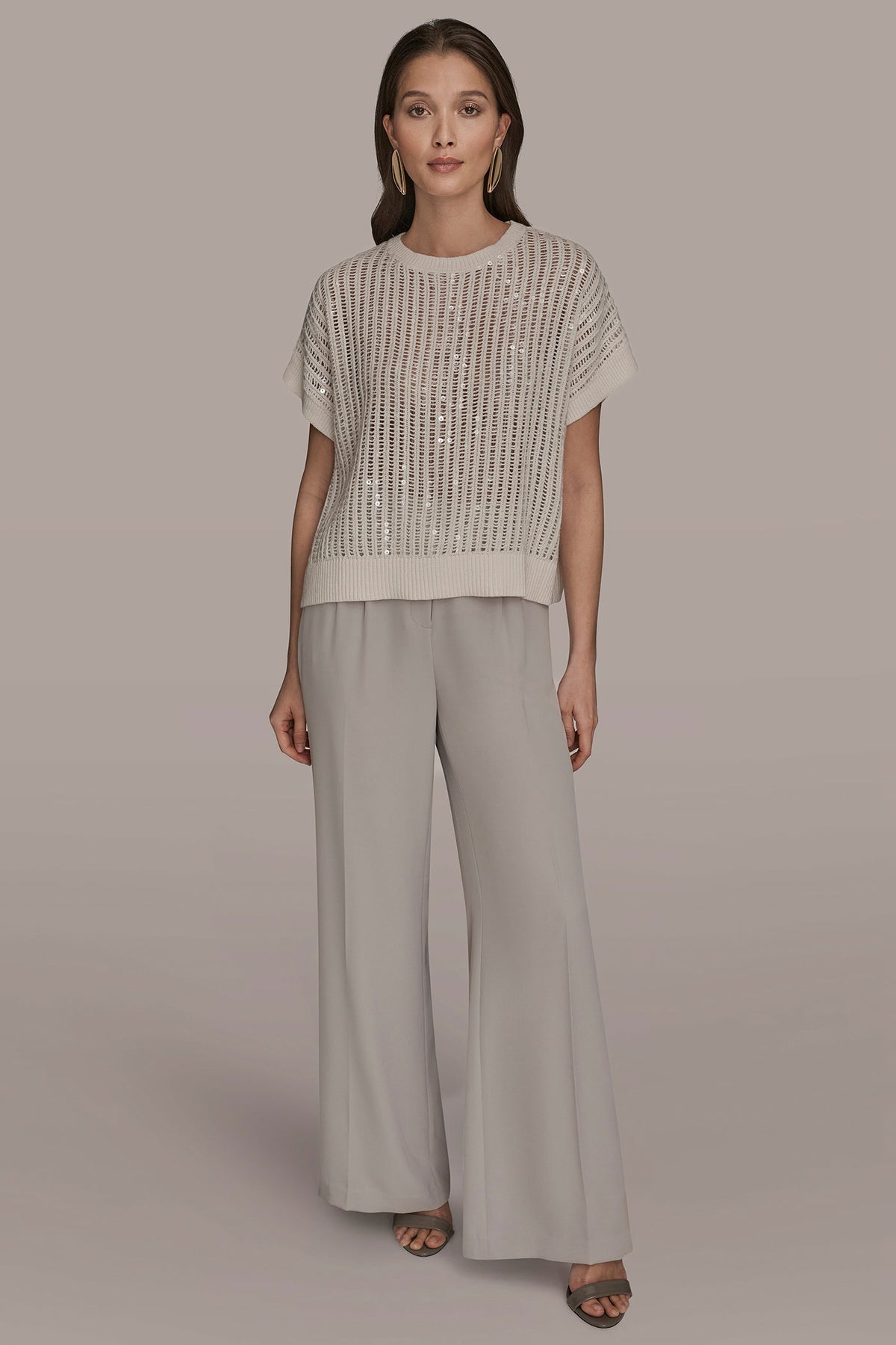 Donna Karan COTTON-BLEND SEQUIN OPEN-KNIT SWEATER