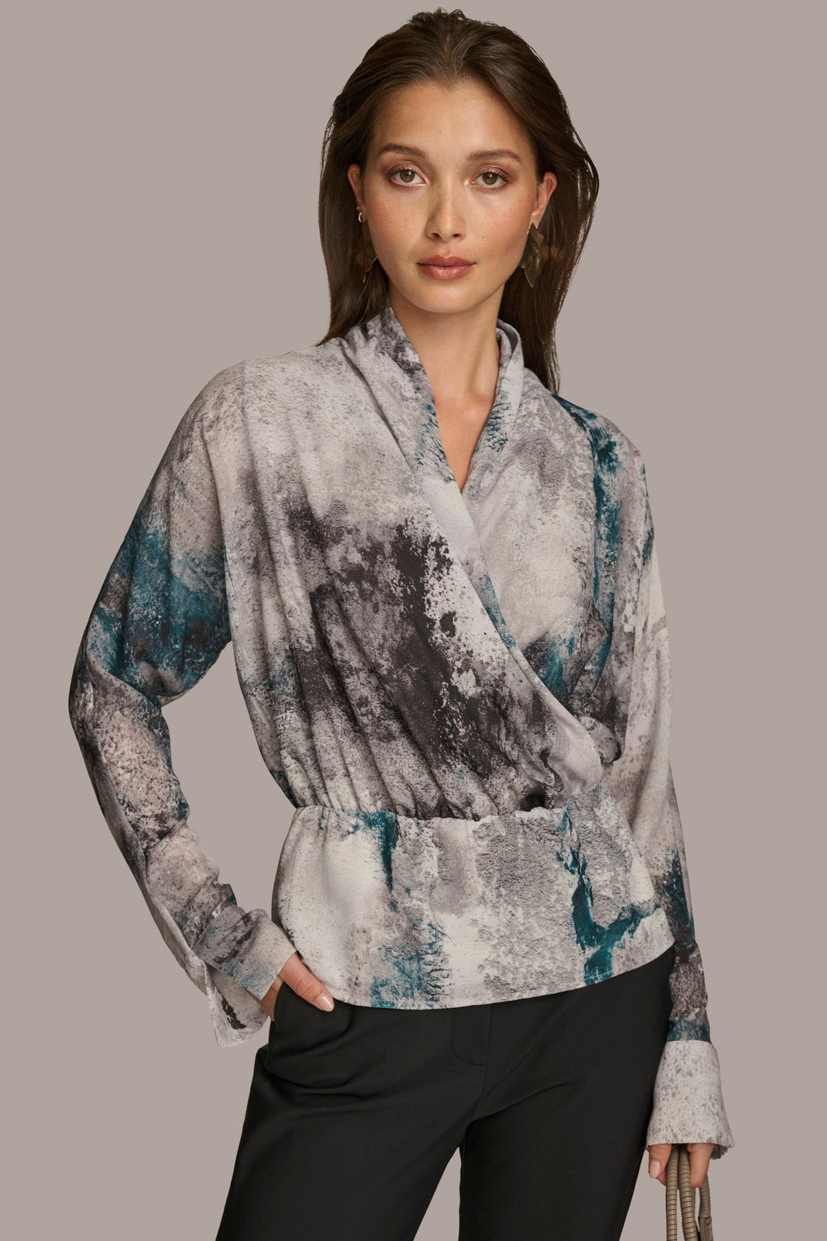 Donna Karan PRINTED FAUX WRAP BLOUSE