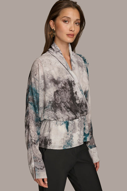Donna Karan PRINTED FAUX WRAP BLOUSE