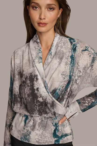 Donna Karan PRINTED FAUX WRAP BLOUSE