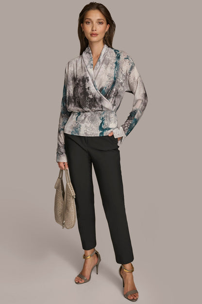 Donna Karan PRINTED FAUX WRAP BLOUSE