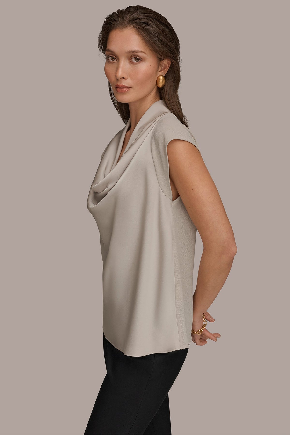 Donna Karan MIXED MEDIA COWL-NECK TOP
