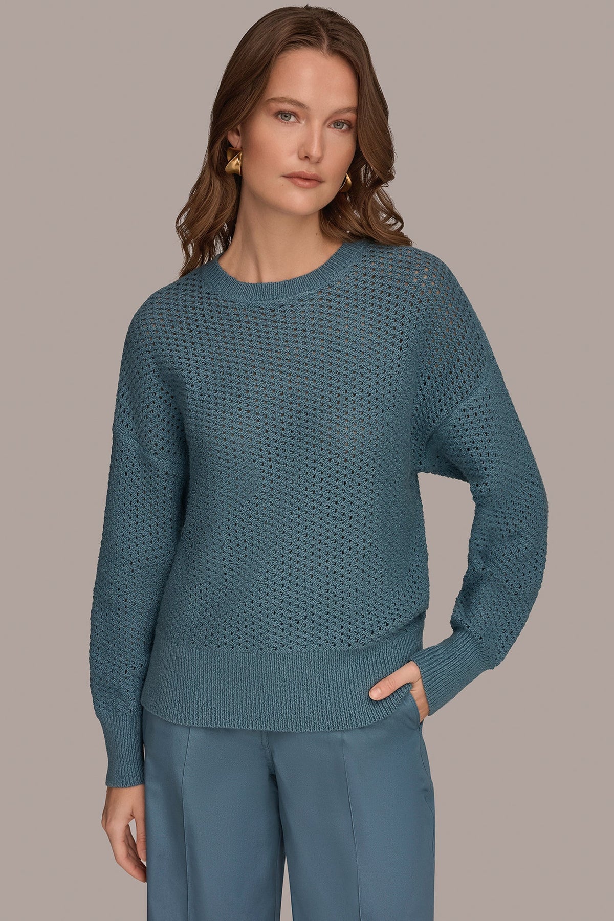 Donna Karan LONG SLEEVE OPEN STITCH SWEATER