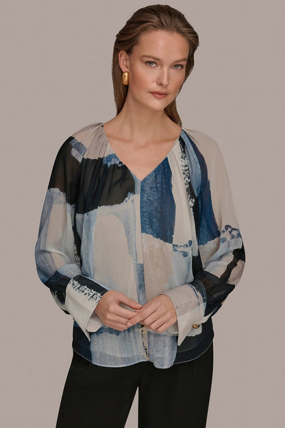Donna Karan PRINTED CHIFFON TOP