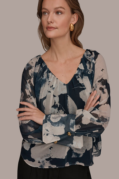 Donna Karan PRINTED CHIFFON TOP