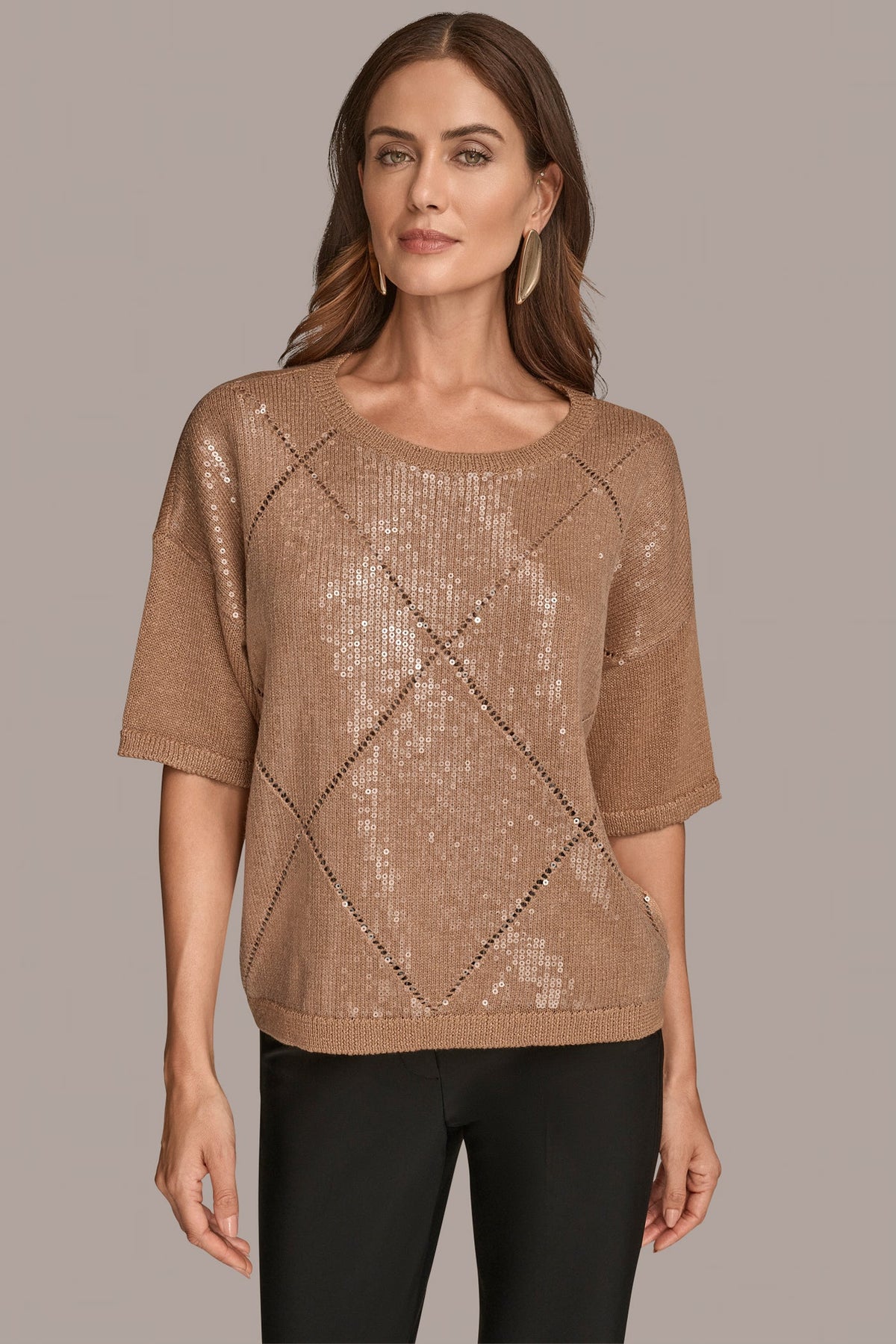 Donna Karan ELBOW-SLEEVE SEQUIN SWEATER