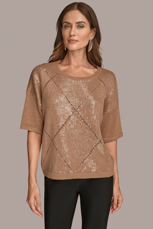 Donna Karan ELBOW-SLEEVE SEQUIN SWEATER
