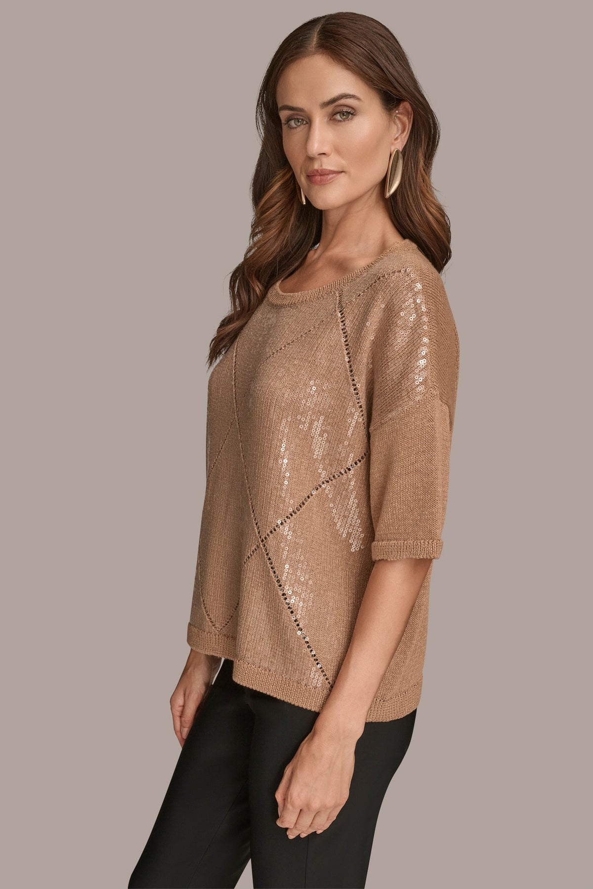 Donna Karan ELBOW-SLEEVE SEQUIN SWEATER