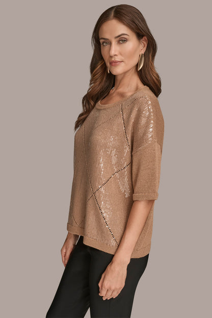 Donna Karan ELBOW-SLEEVE SEQUIN SWEATER