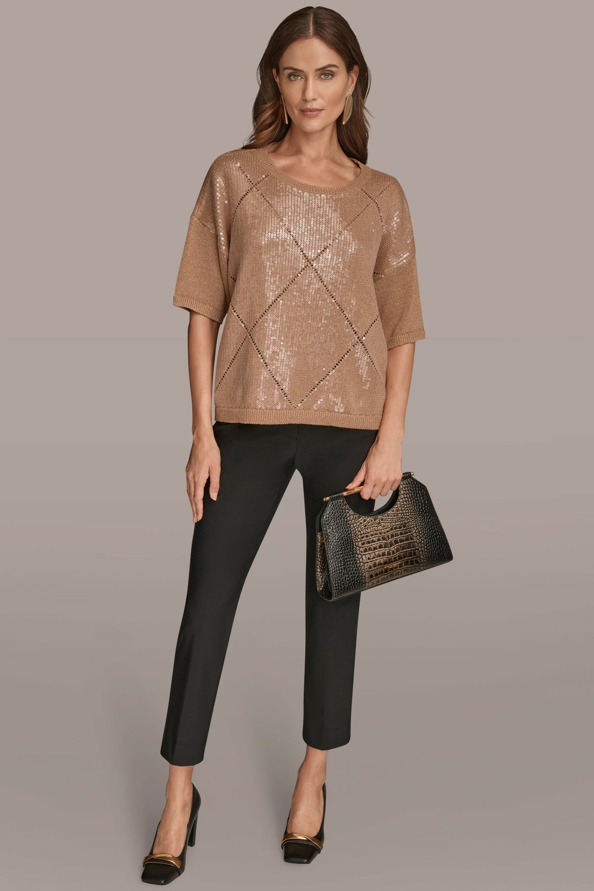 Donna Karan ELBOW-SLEEVE SEQUIN SWEATER