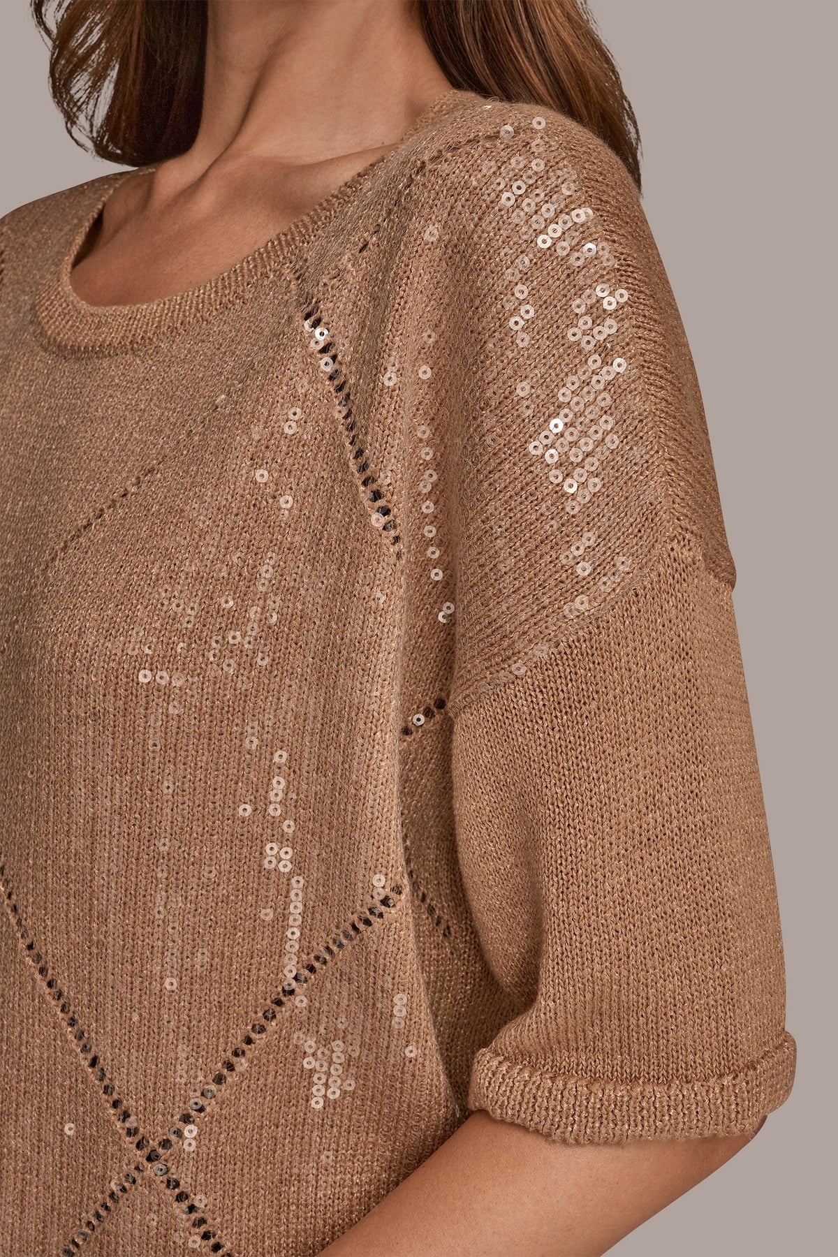 Donna Karan ELBOW-SLEEVE SEQUIN SWEATER