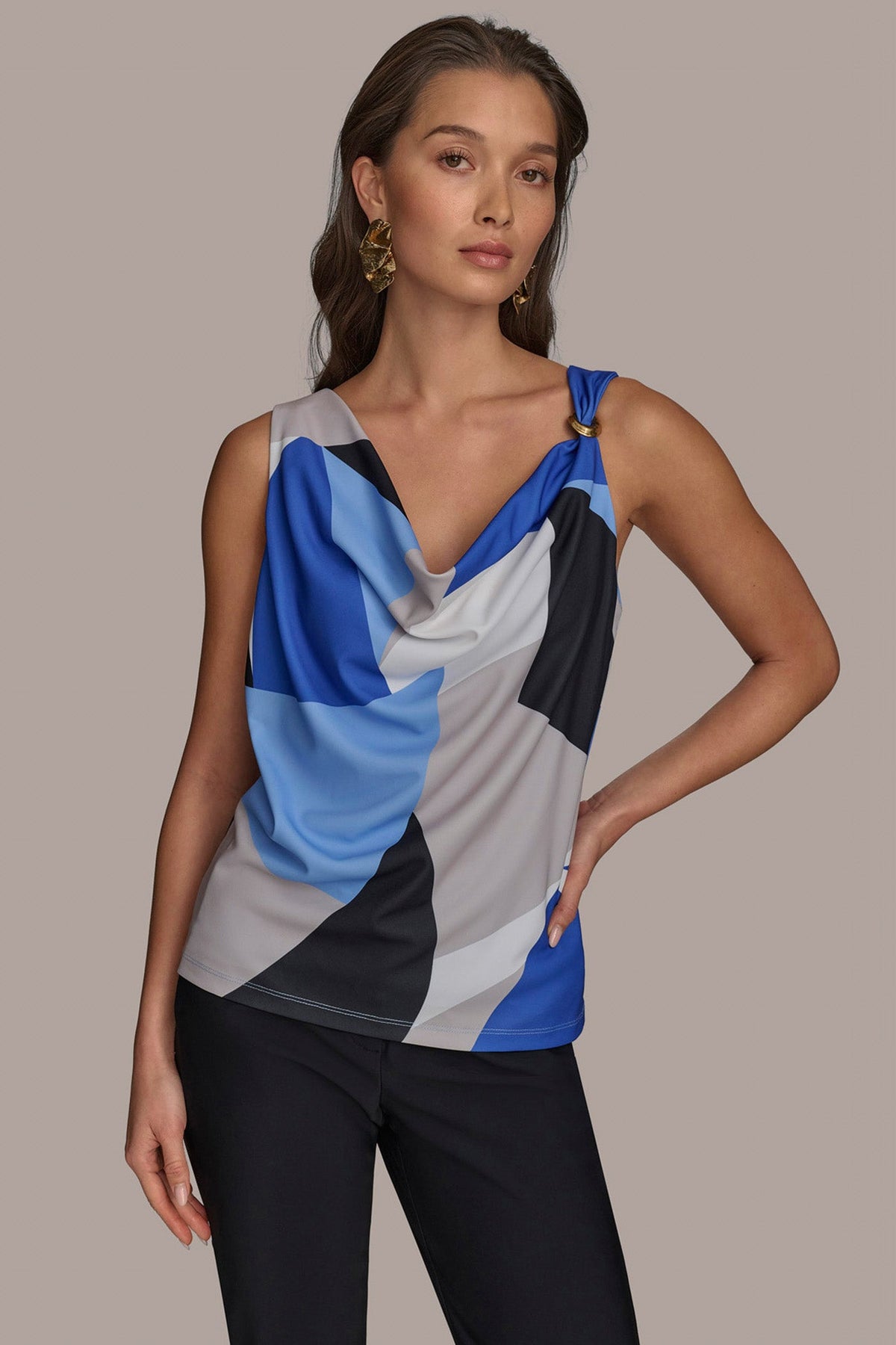 Donna Karan PRINTED COWL NECK TOP