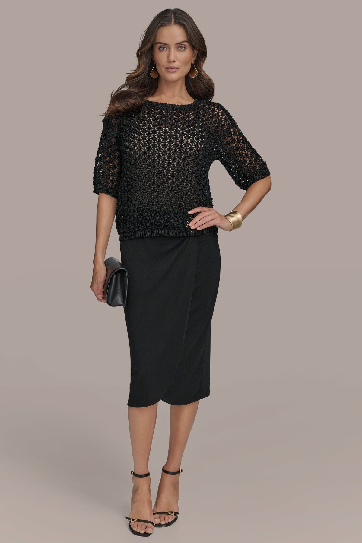 Donna Karan OPEN STITCH CREW NECK TOP