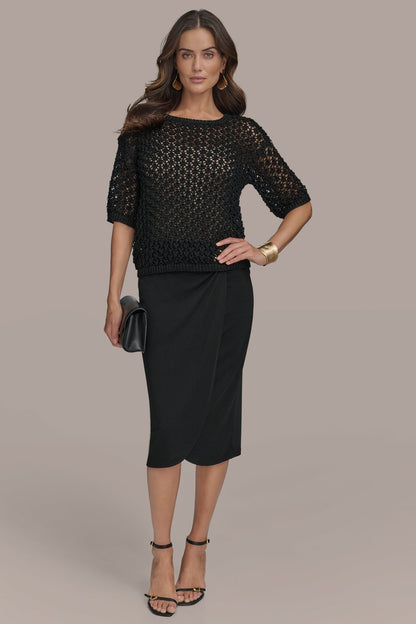 Donna Karan OPEN STITCH CREW NECK TOP