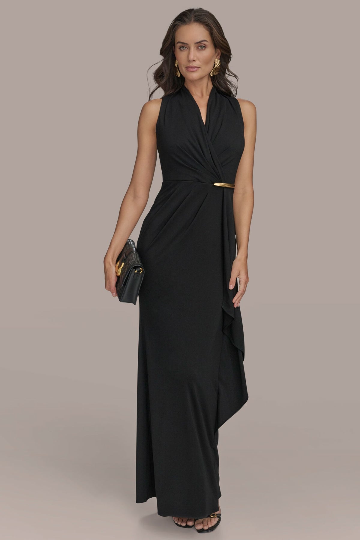 Donna Karan SLEEVELESS WRAP RUFFLE MAXI GOWN