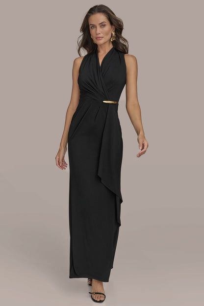 Donna Karan SLEEVELESS WRAP RUFFLE MAXI GOWN