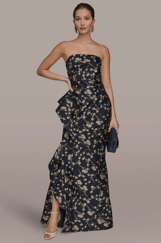 Donna Karan STRAPLESS FLORAL RUFFLED HIGH-SPLIT GOWN