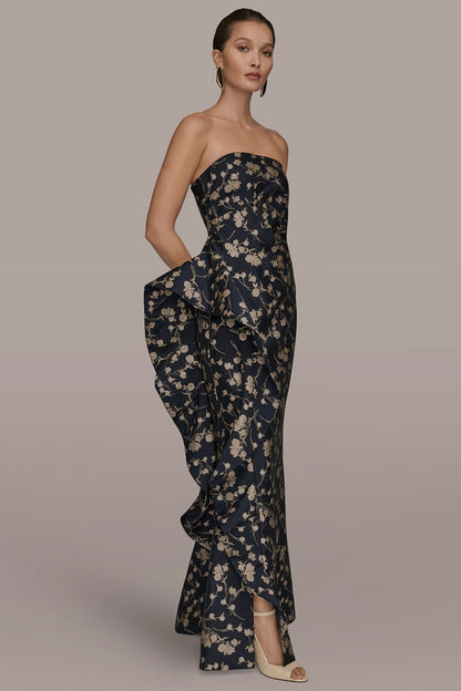 Donna Karan STRAPLESS FLORAL RUFFLED HIGH-SPLIT GOWN