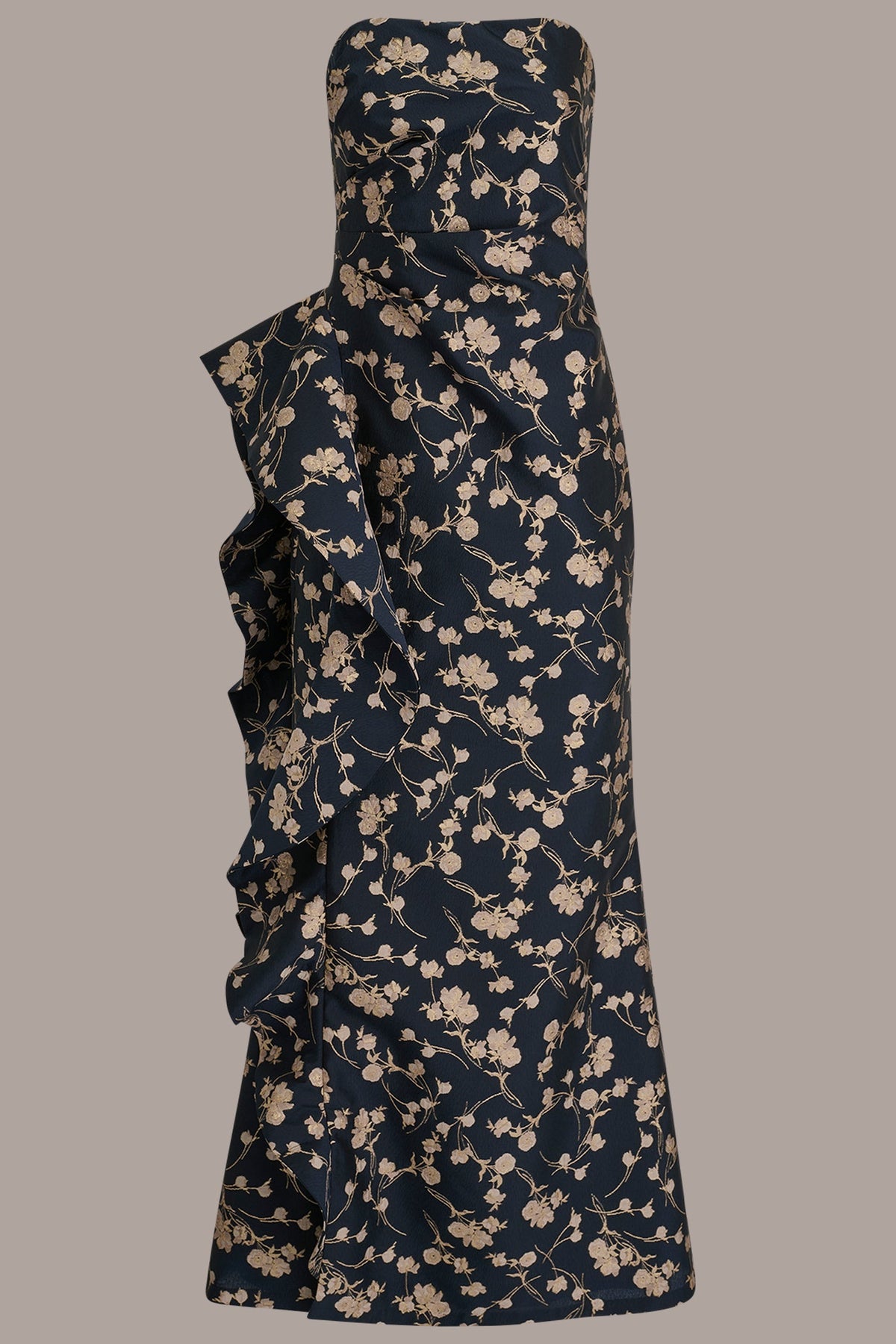 Donna Karan STRAPLESS FLORAL RUFFLED HIGH-SPLIT GOWN