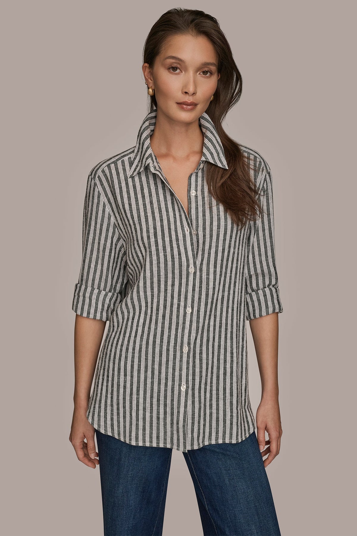 Donna Karan LINEN-BLEND STRIPED SHIRT