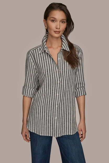 Donna Karan LINEN-BLEND STRIPED SHIRT