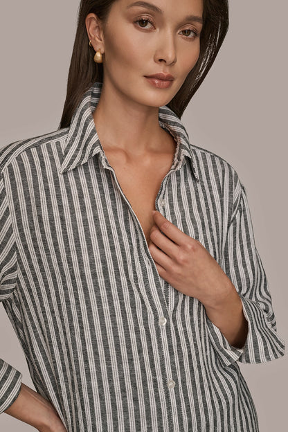 Donna Karan LINEN-BLEND STRIPED SHIRT