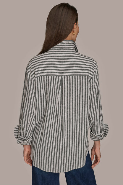 Donna Karan LINEN-BLEND STRIPED SHIRT