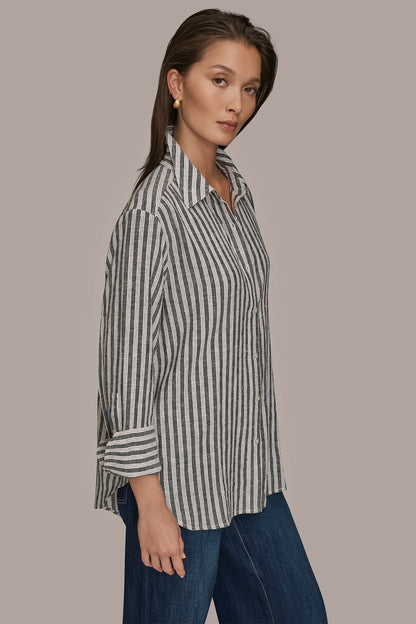 Donna Karan LINEN-BLEND STRIPED SHIRT