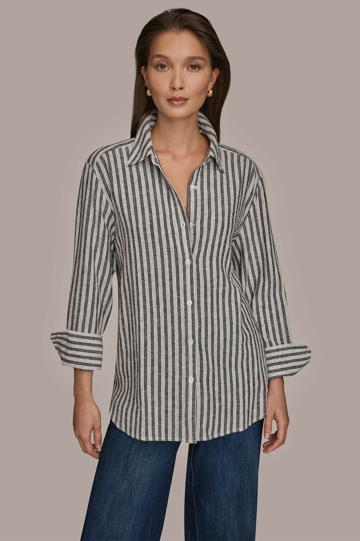 Donna Karan LINEN-BLEND STRIPED SHIRT