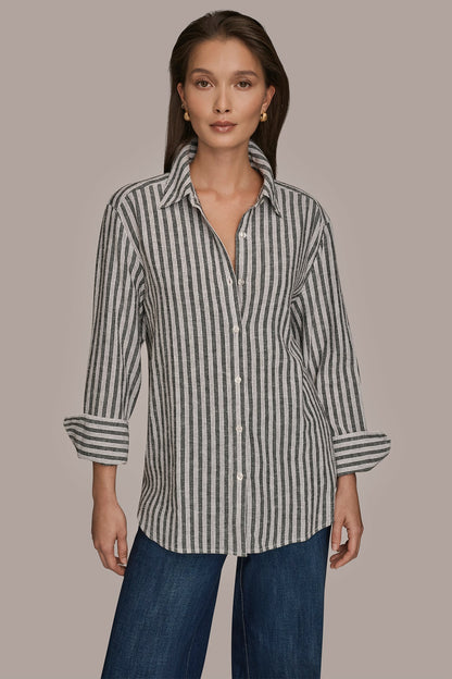 Donna Karan LINEN-BLEND STRIPED SHIRT