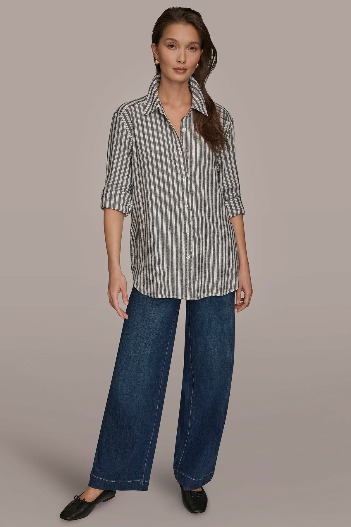 Donna Karan LINEN-BLEND STRIPED SHIRT