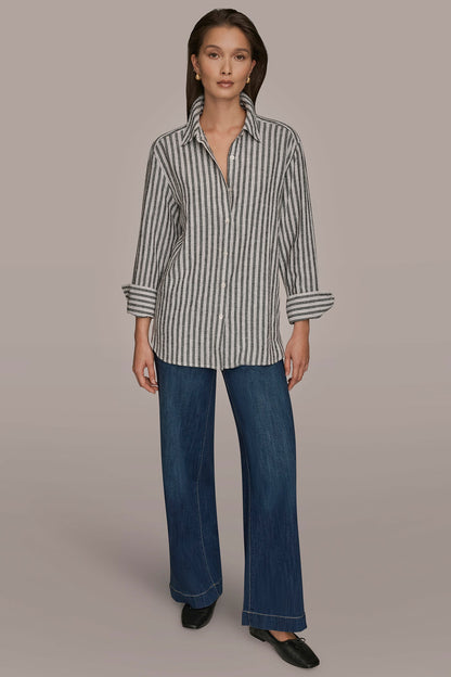 Donna Karan LINEN-BLEND STRIPED SHIRT