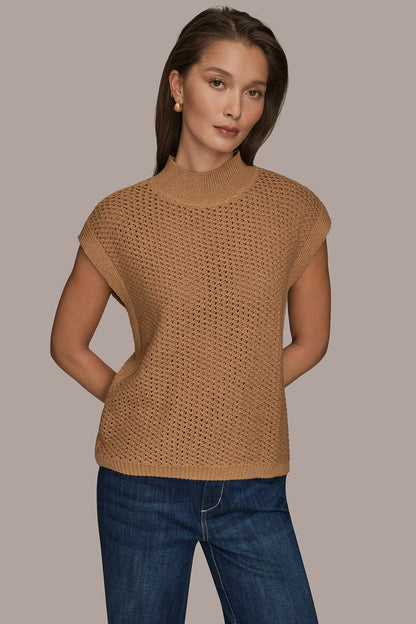 Donna Karan SLEEVELESS MOCK-NECK OPEN STITCH SWEATER