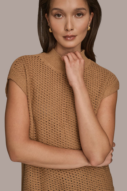 Donna Karan SLEEVELESS MOCK-NECK OPEN STITCH SWEATER