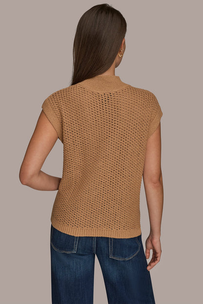 Donna Karan SLEEVELESS MOCK-NECK OPEN STITCH SWEATER