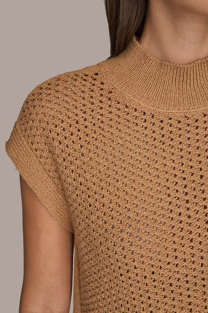 Donna Karan SLEEVELESS MOCK-NECK OPEN STITCH SWEATER