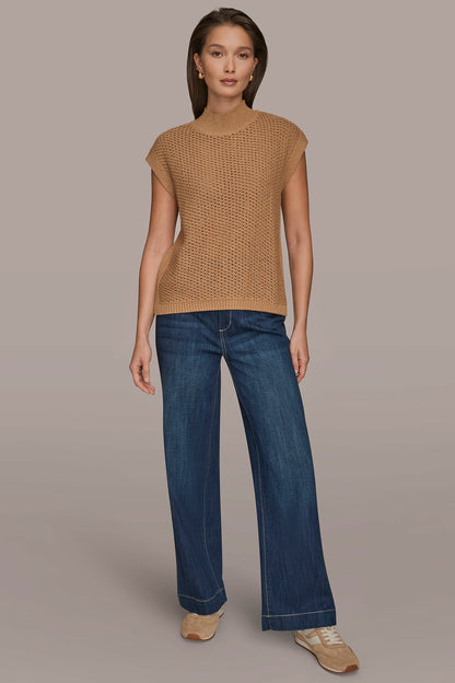 Donna Karan SLEEVELESS MOCK-NECK OPEN STITCH SWEATER